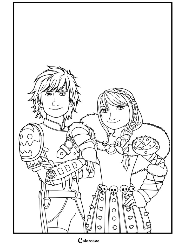 Harold et Astrid côte à côte en armure de Viking, page de coloriage tirée de Dragons 2