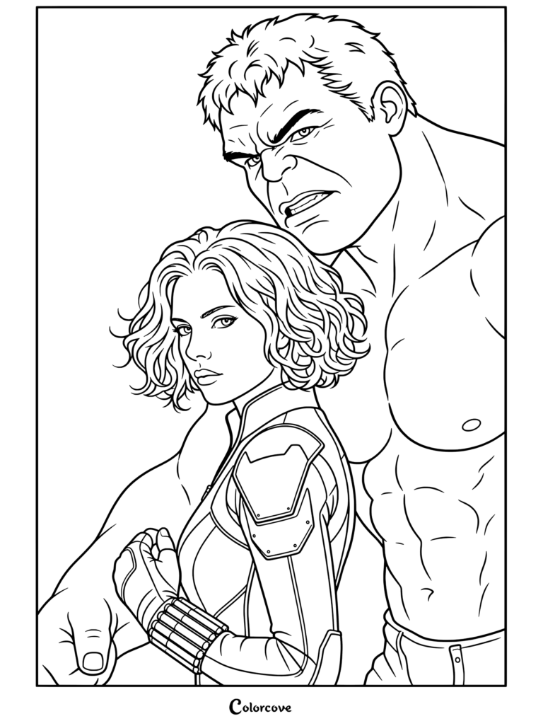 Dibujo para colorear de Viuda Negra con pelo corto pelirrojo y traje de cuero de pie frente a Hulk