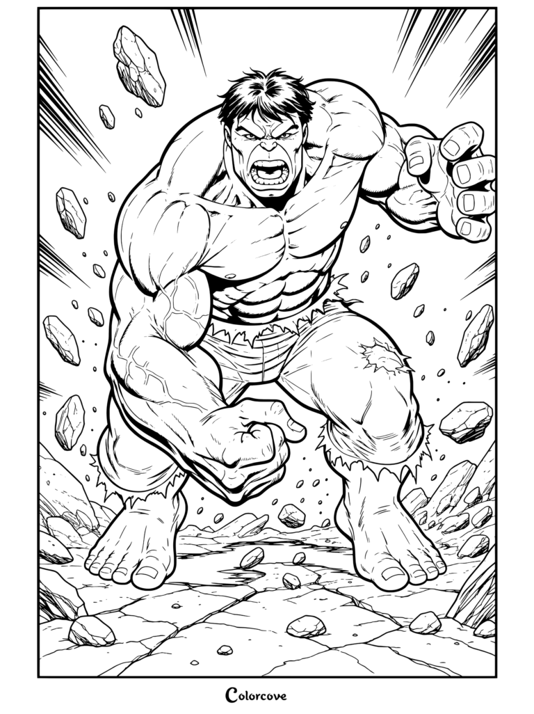 Dibujo para colorear de Hulk mostrándolo mientras flexiona los músculos y ruge de ira, rodeado de escombros en el aire y suelo agrietado