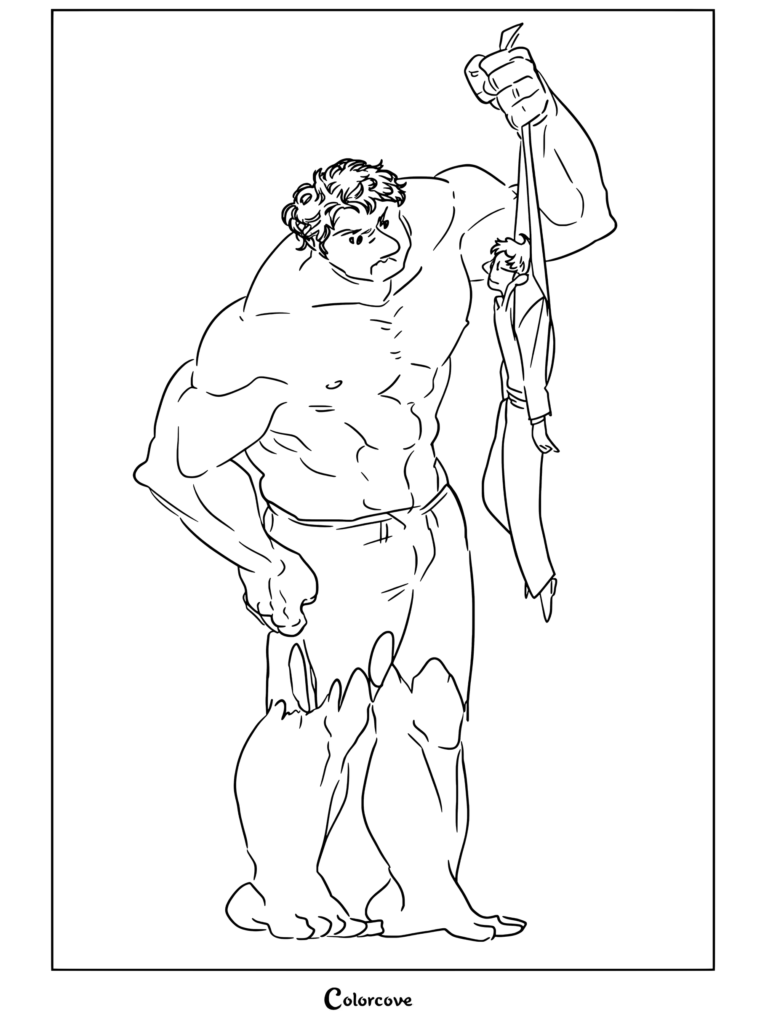 Dibujo para colorear de Hulk sosteniendo a Bruce Banner por el cuello de la camisa con expresión gruñona