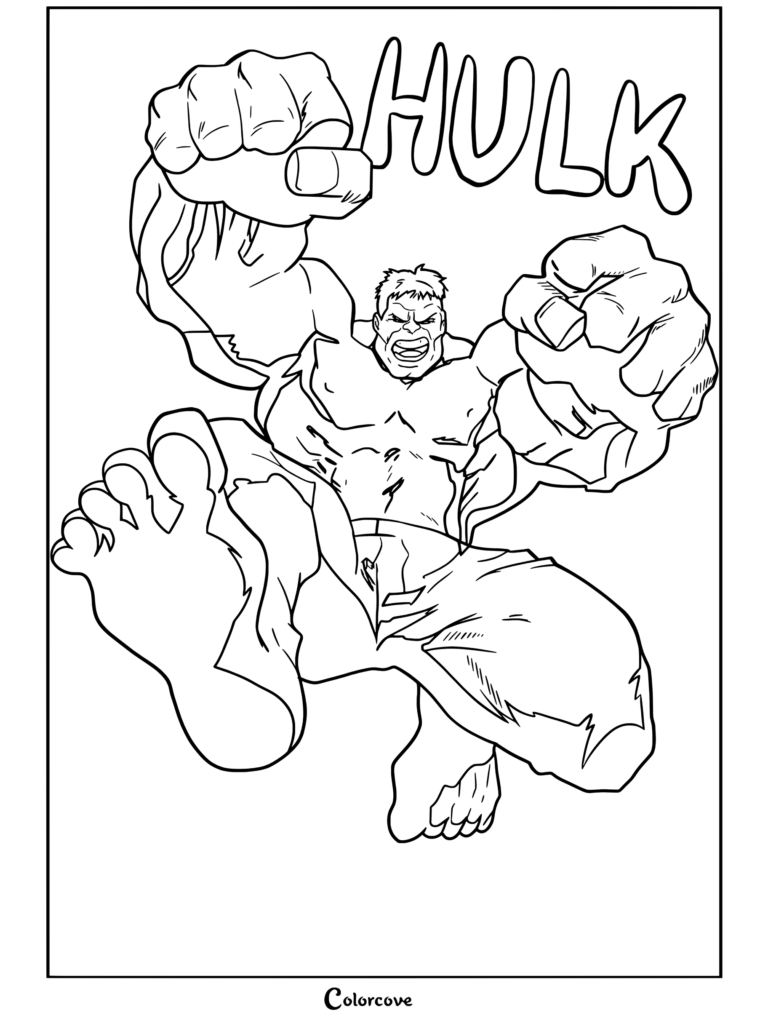 Dibujo para colorear al estilo cómic de Hulk saltando hacia adelante con un enorme puño en alto y las piernas extendidas