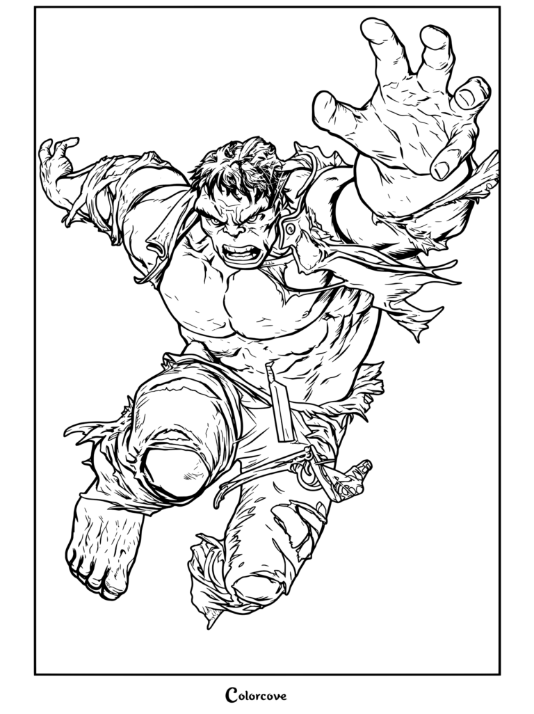 Dibujo para colorear e imprimir de Hulk saltando hacia adelante con la mano extendida, pantalones rotos y camisa rasgada