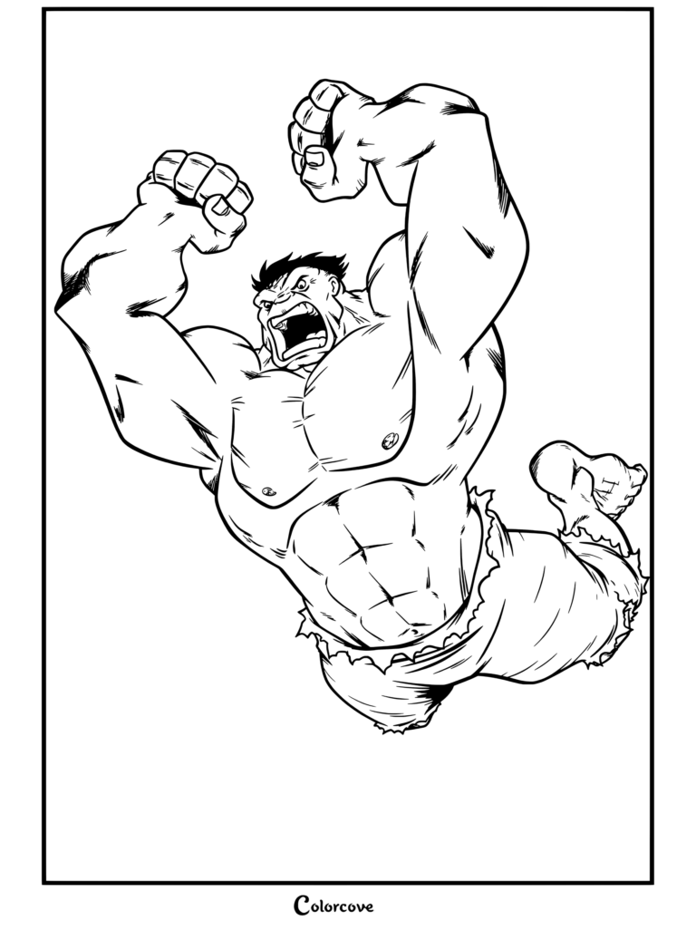 Dibujo para colorear de Hulk saltando por el aire con físico musculoso, expresión de grito y pantalones morados