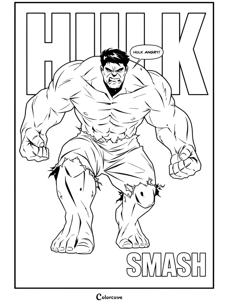 Dibujo para colorear de Hulk en postura agachada flexionando los músculos con los puños cerrados y expresión enfurecida