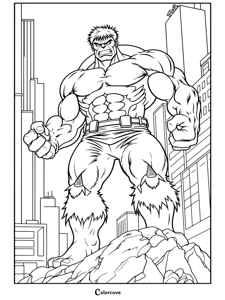 Dibujo para colorear e imprimir de Hulk de pie con imponente fuerza sobre escombros rocosos ante el horizonte urbano, con gesto furioso y puños cerrados
