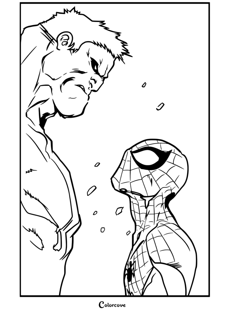 Dibujo para colorear para fans de Hulk imponiéndose y mirando fijamente a Spider-Man con arte de cómic
