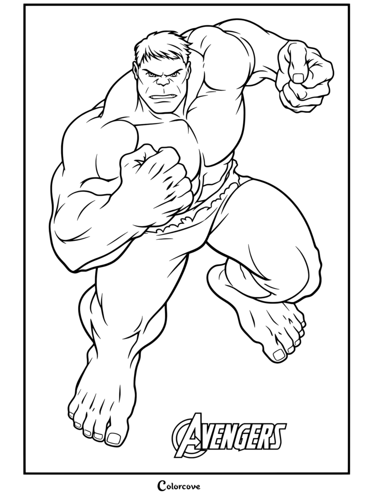 Dibujo para colorear de Hulk arremetiendo hacia adelante con los puños en alto y pantalones morados rotos
