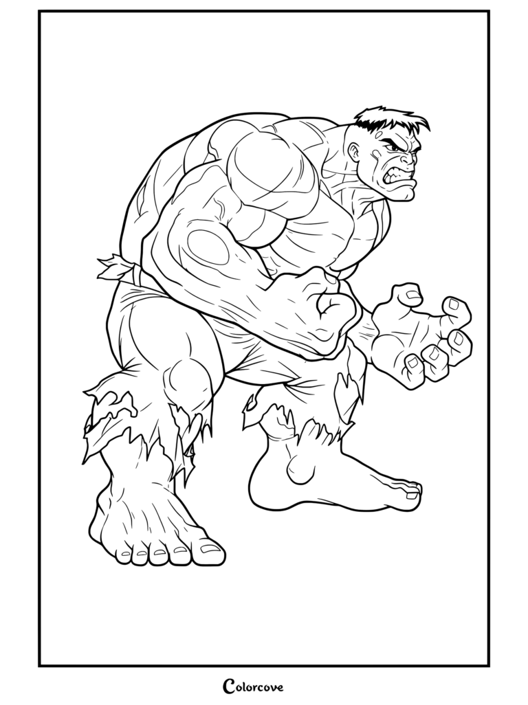 Dibujo para colorear de Hulk mostrando al héroe agachado en pose agresiva con los puños cerrados y pantalones morados rotos