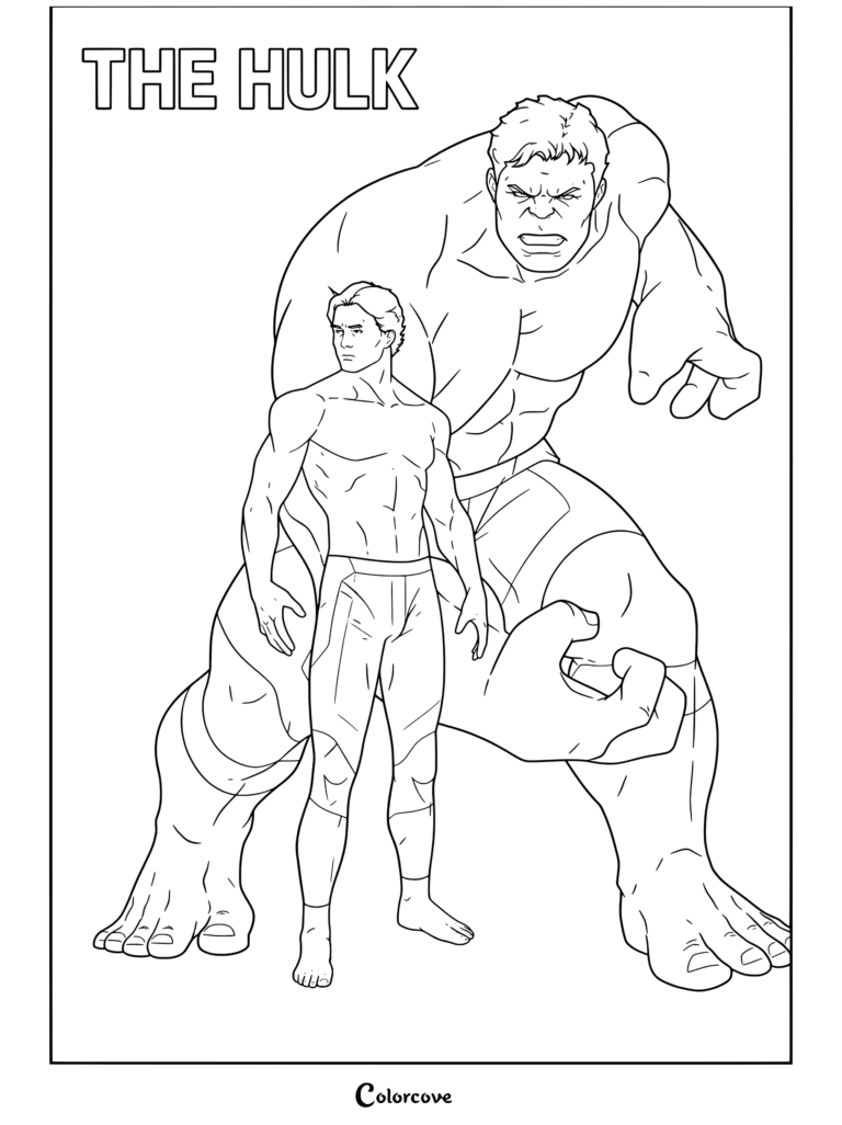 Dibujo para colorear de Bruce Banner de pie frente a Hulk, el gigante verde con pantalones morados de Marvel Comics