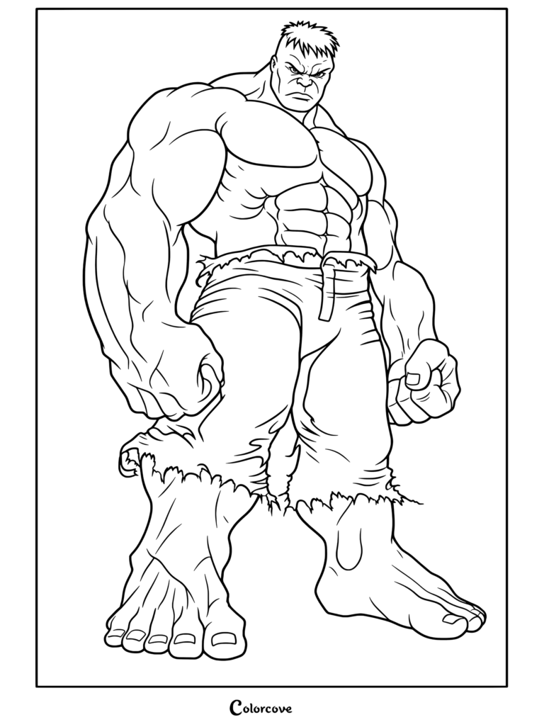 Dibujo para colorear de Hulk que muestra al musculoso superhéroe verde de pie con pantalones morados rotos y los puños apretados