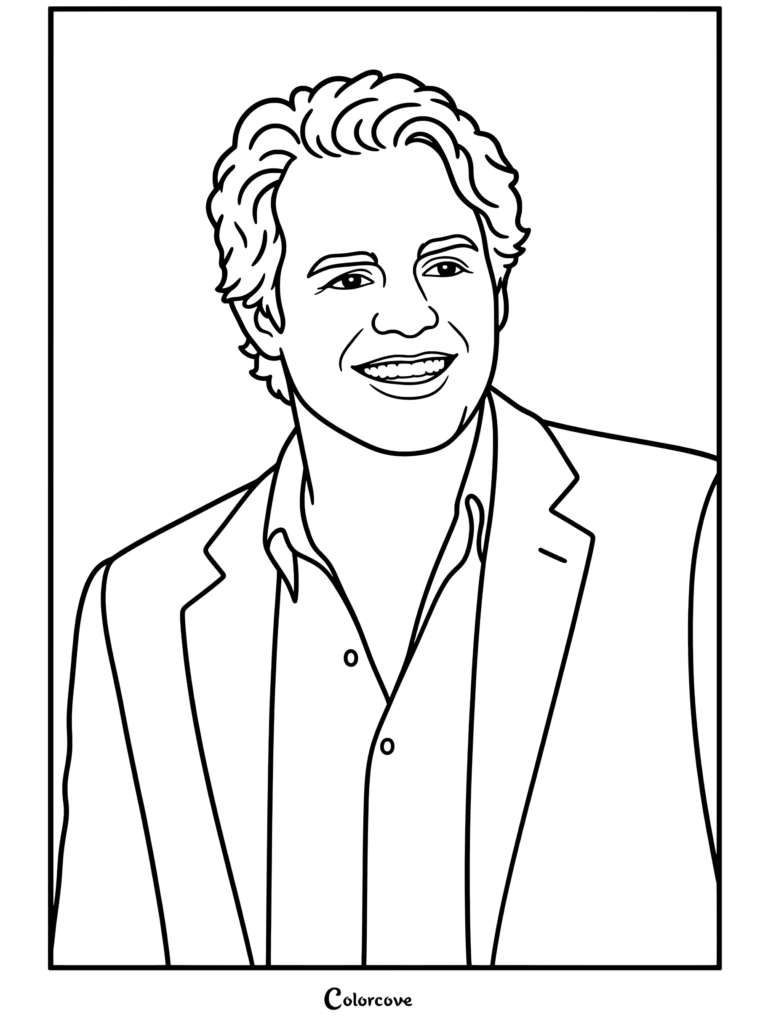 Dibujo para colorear con Hulk que muestra a Mark Ruffalo sonriendo como Bruce Banner con americana marrón y camisa morada
