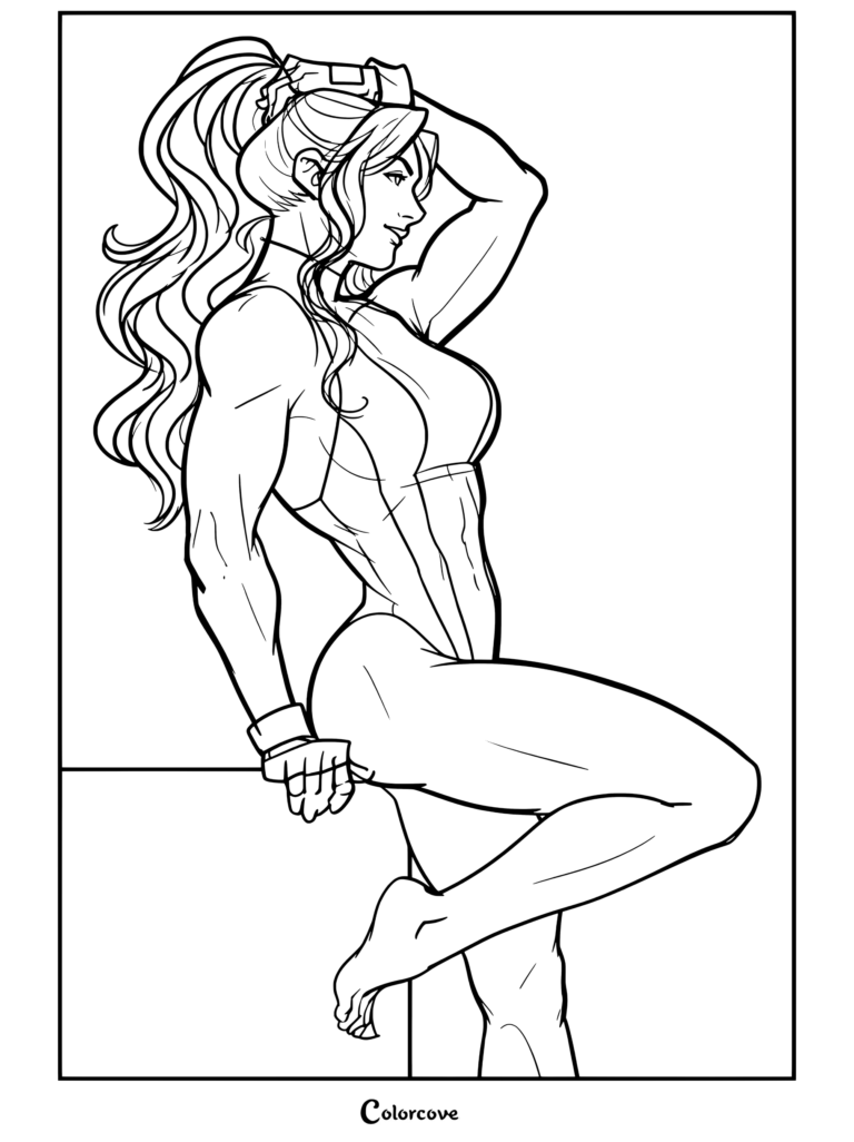 Dibujo para colorear de She-Hulk de perfil mostrando su piel verde, larga melena oscura en una coleta, maillot blanco y morado, y guantes morados mientras flexiona los músculos
