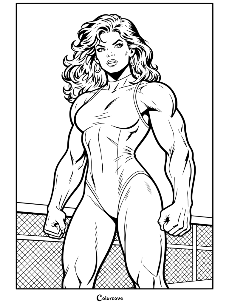 Dibujo para colorear de She-Hulk posando con confianza con un maillot morado y el paisaje urbano de Nueva York de fondo