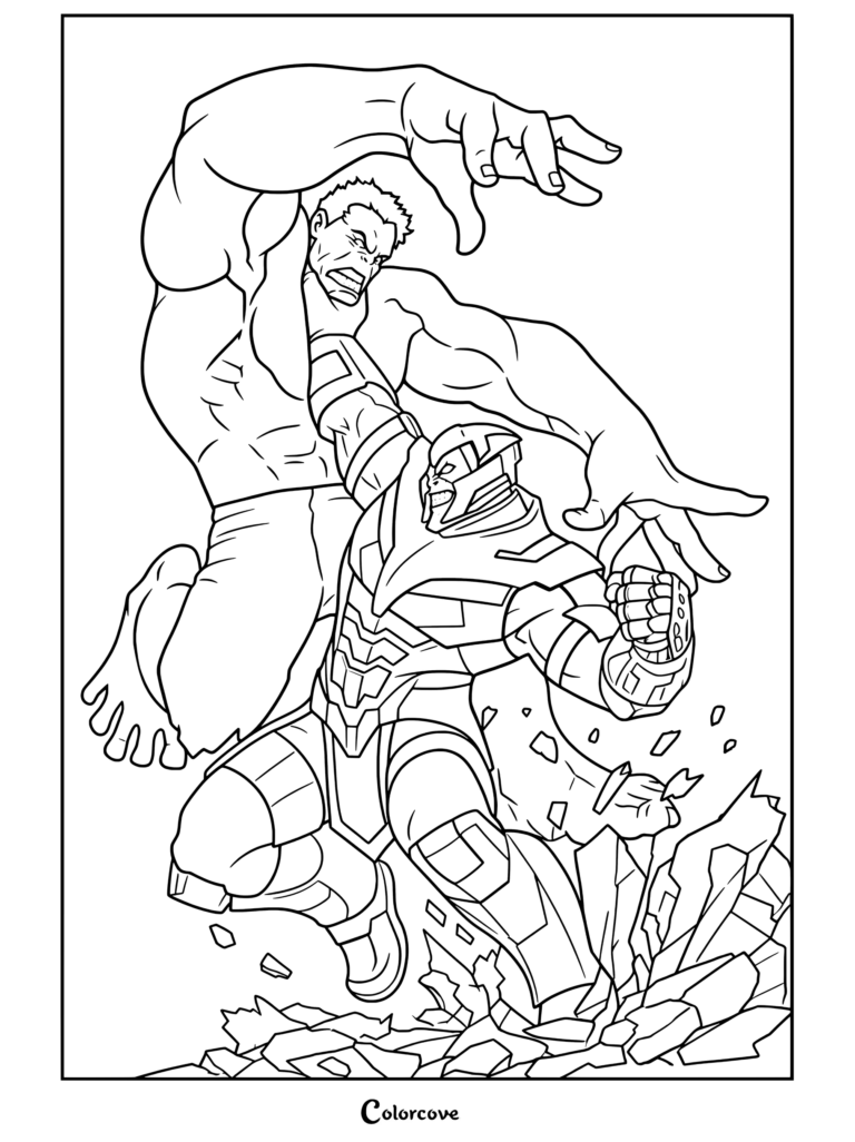Dibujo para colorear de Thanos levantando y asfixiando a Hulk por el cuello en una intensa batalla