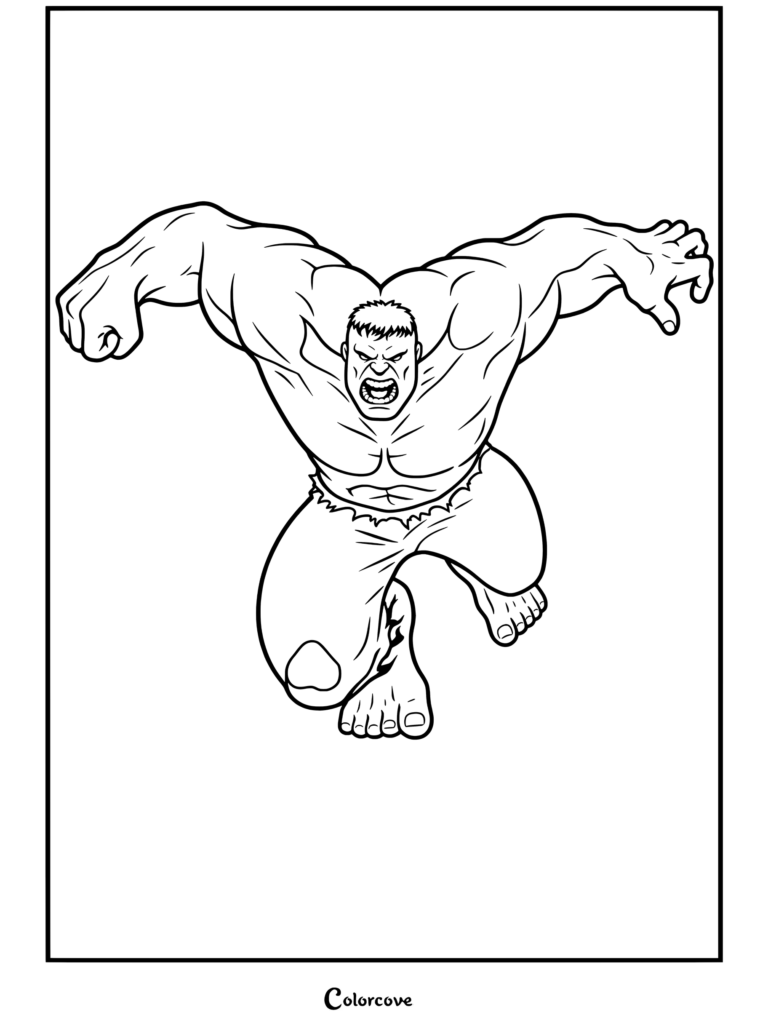 Dibujo para colorear de Hulk arremetiendo en postura agachada con físico musculoso y rugiendo enfurecido