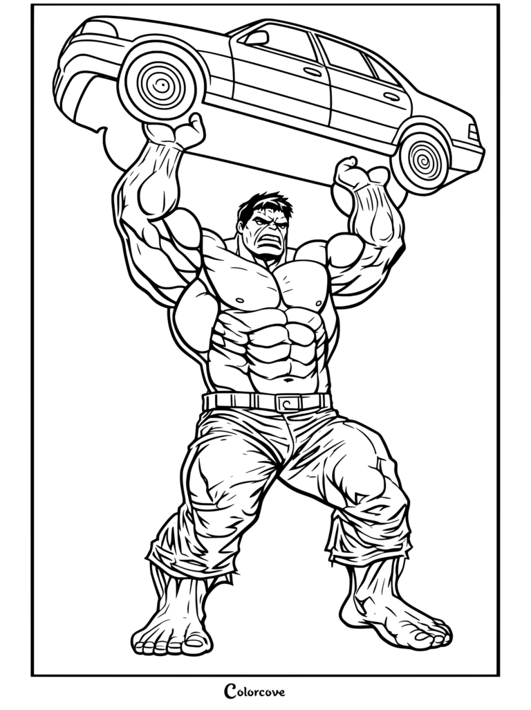 Dibujo para colorear para niños de Hulk levantando un coche por encima de su cabeza en una calle de la ciudad rodeada de edificios