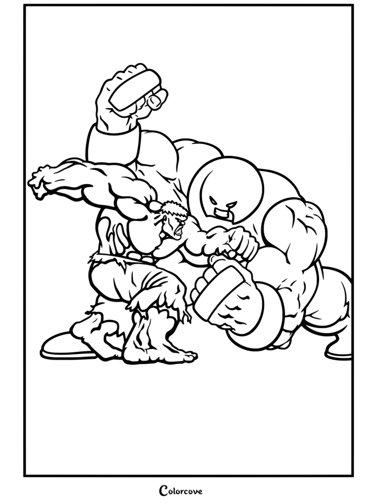 Dibujo para colorear e imprimir de Hulk luchando contra Juggernaut en un intenso combate al estilo clásico de los cómics de Marvel