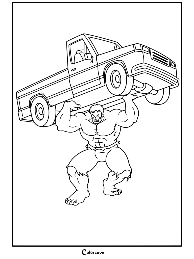 Dibujo para colorear de Hulk levantando una camioneta blanca sobre su cabeza con gesto de esfuerzo