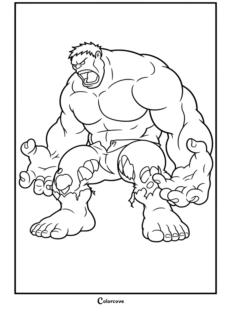 Dibujo para colorear de Hulk rugiendo de rabia con su musculoso físico y pantalones morados rotos