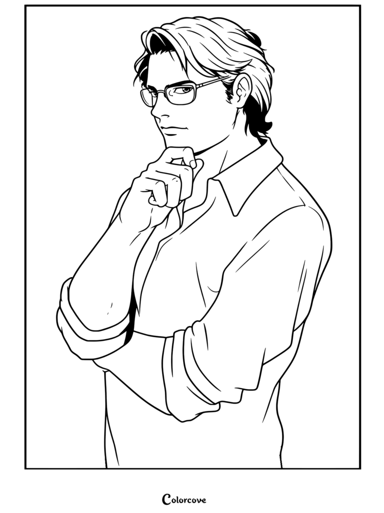 Dibujo para colorear para fans de Hulk con Bruce Banner llevando camisa morada y gafas, pensativo con la mano en la barbilla