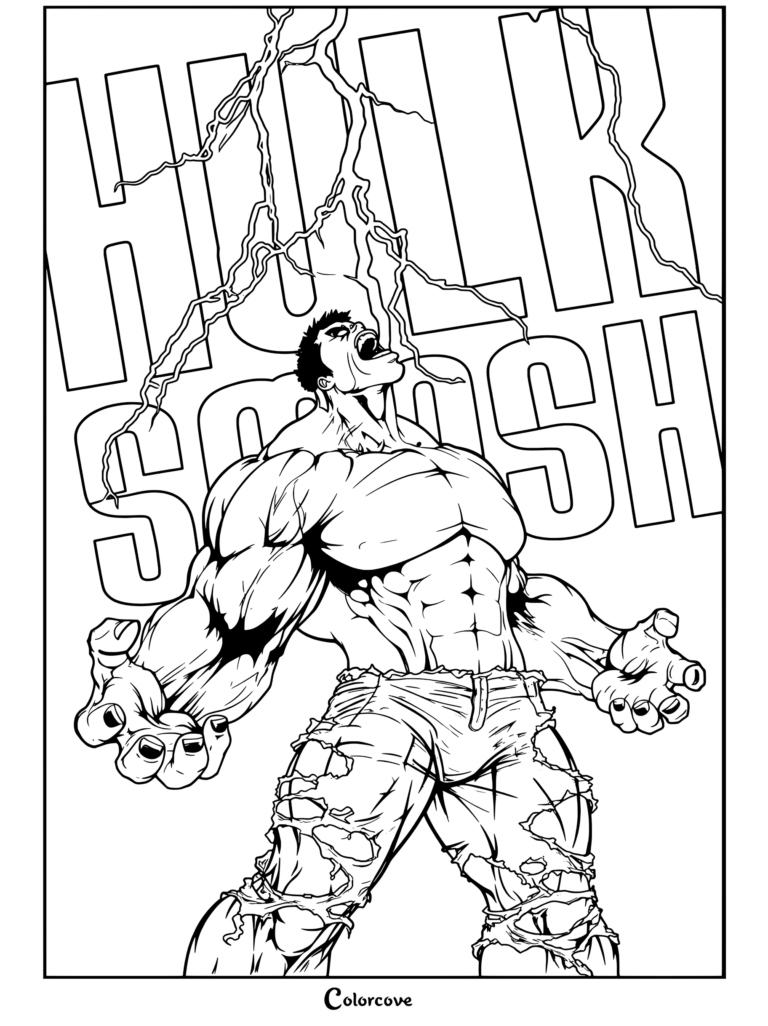 Dibujo para colorear de Hulk rugiendo con relámpagos impactando en su boca frente a un fondo con el texto «smash» en naranja