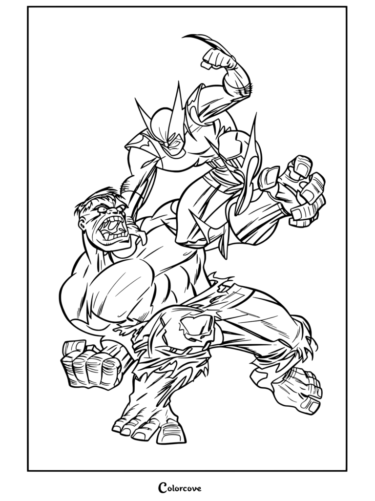 Dibujo para colorear para niños y adultos de Wolverine saltando sobre Hulk para atacar con las garras extendidas
