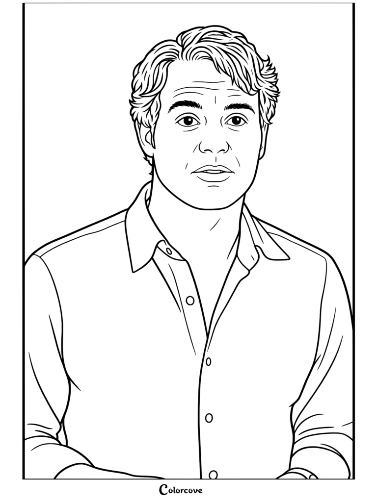 Dibujo para colorear para fans de Hulk con Bruce Banner vistiendo una camisa morada y gesto preocupado en el Helitransporte de los Vengadores