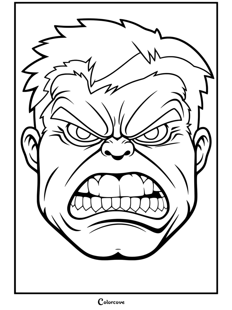 Dibujo para colorear de un primer plano de la expresión facial furiosa de Hulk con los dientes apretados