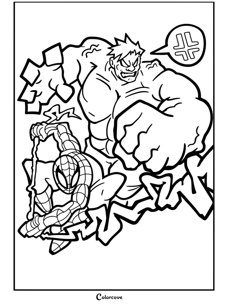 Dibujo para colorear e imprimir de Hulk avanzando con expresión enfurecida junto a Spider-Man balanceándose con sus lanzarredes