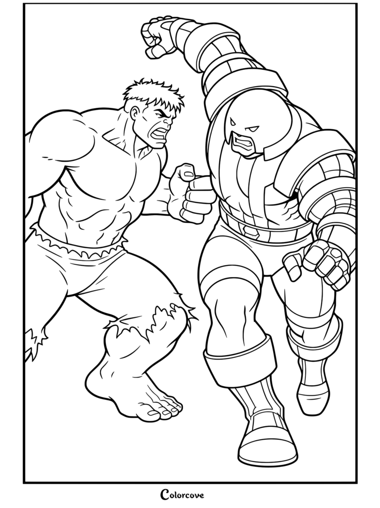 Dibujo para colorear para que los fans impriman y pinten a Hulk enfrentándose a Juggernaut en una intensa escena de batalla de cómic