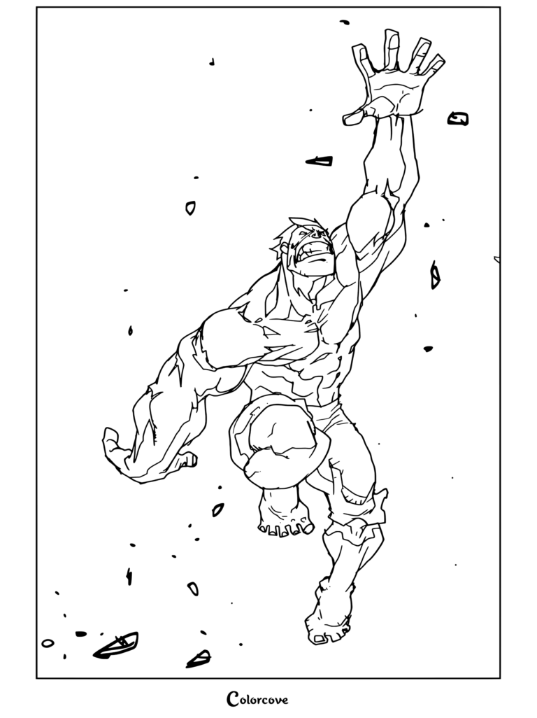 Dibujo para colorear de Hulk en pose de acción dinámica alcanzando hacia arriba con los dientes apretados y pantalones morados