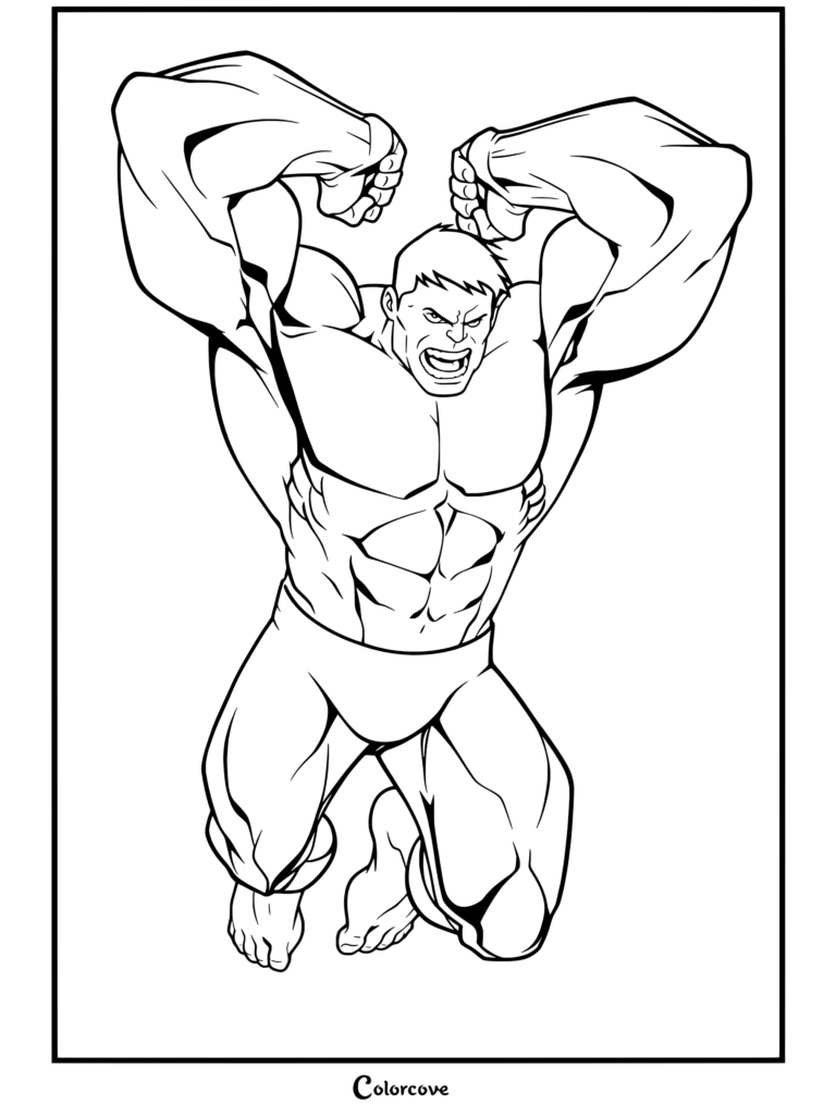 Dibujo para colorear e imprimir de Hulk flexionando los músculos mientras salta por el aire con gesto enfadado y pantalones morados
