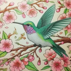 Hummingbird among cherry blossoms coloring page, showcasing vibrant colors and intricate details. Perfect for relaxation.