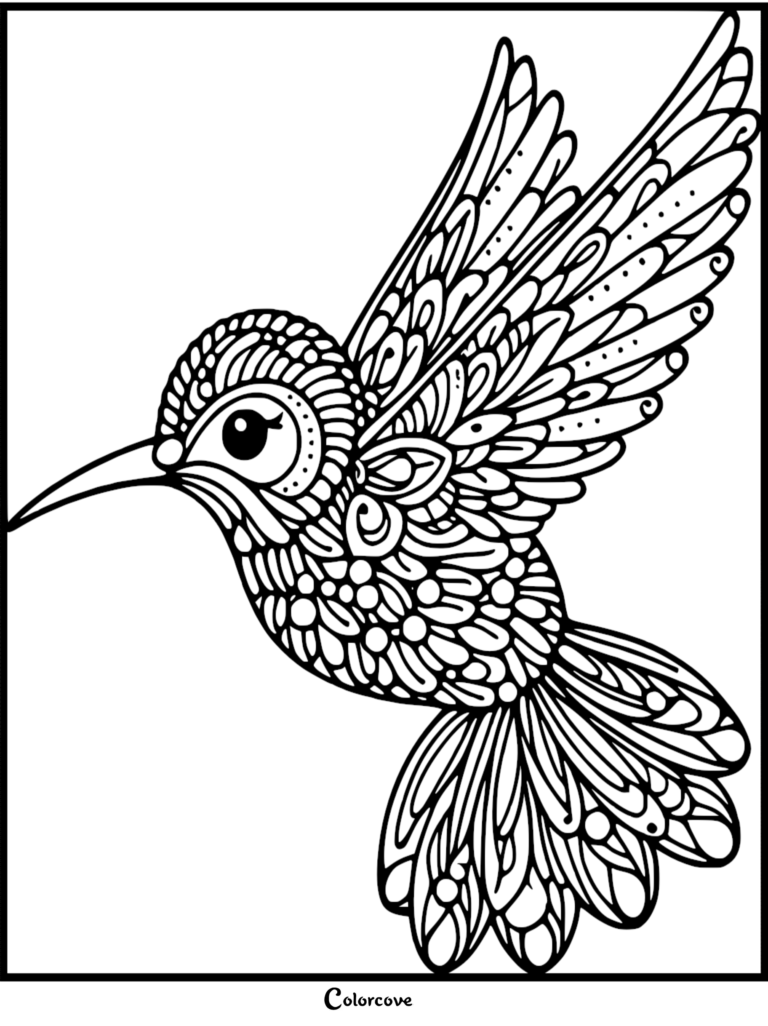 Intricate mandala style hummingbird coloring page featuring detailed feather patterns and wings spread in flight.