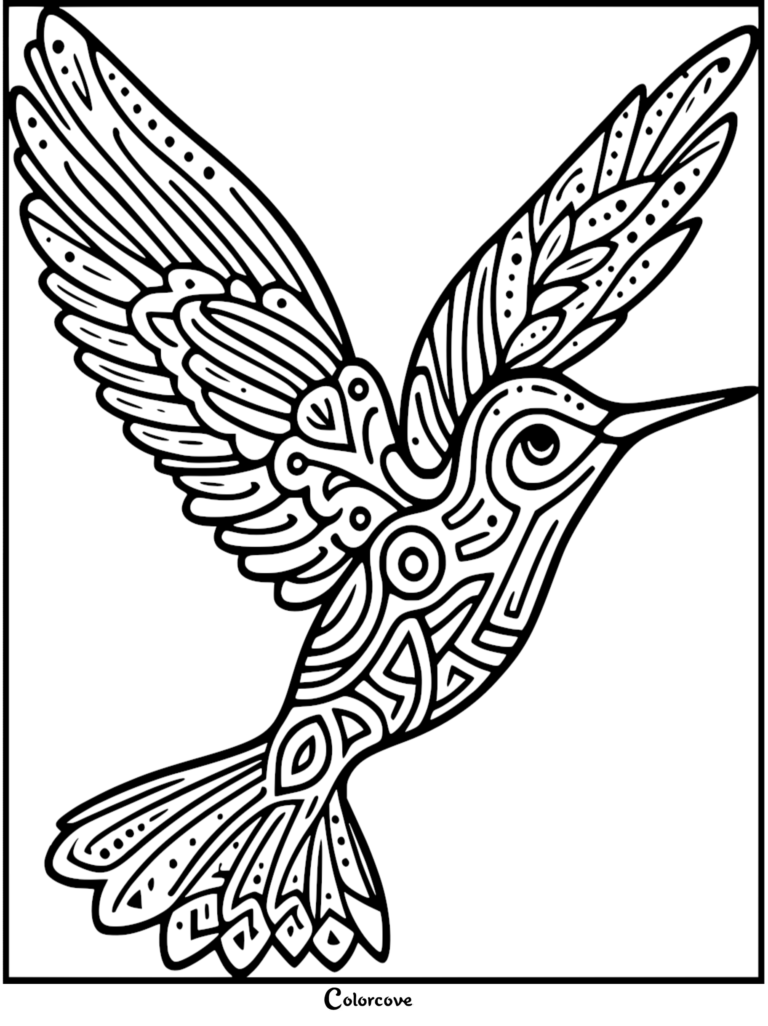 Intricate zentangle style hummingbird coloring page with detailed wing patterns and geometric body designs.