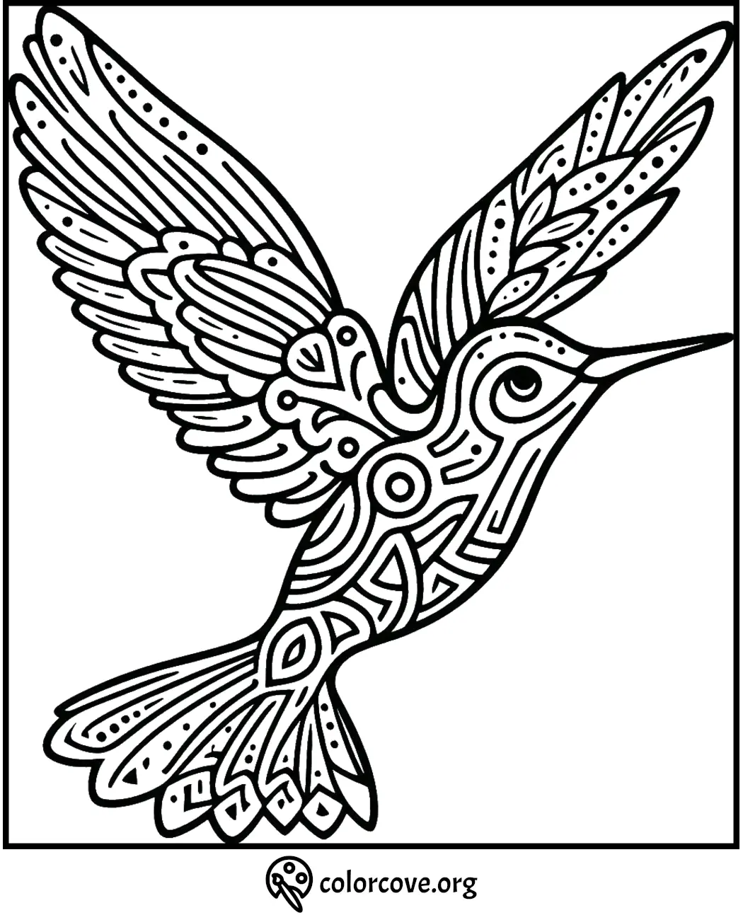 Intricate hummingbird coloring page with detailed patterns, ideal for adult coloring and art therapy enthusiasts.