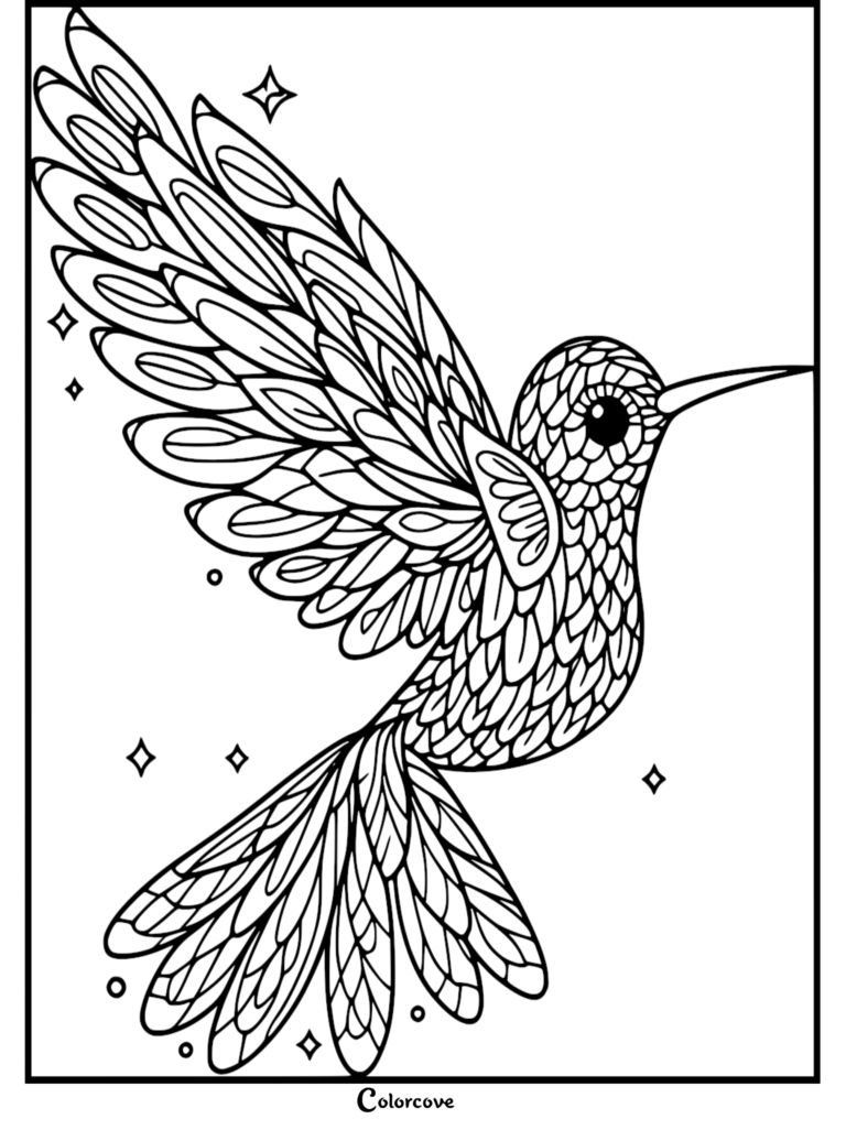 Intricate hummingbird coloring page featuring a bird with detailed feather patterns and sparkling star accents.