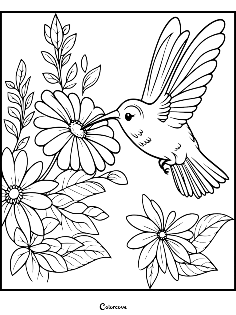 A hummingbird hovering near a daisy in this free printable coloring page 13.