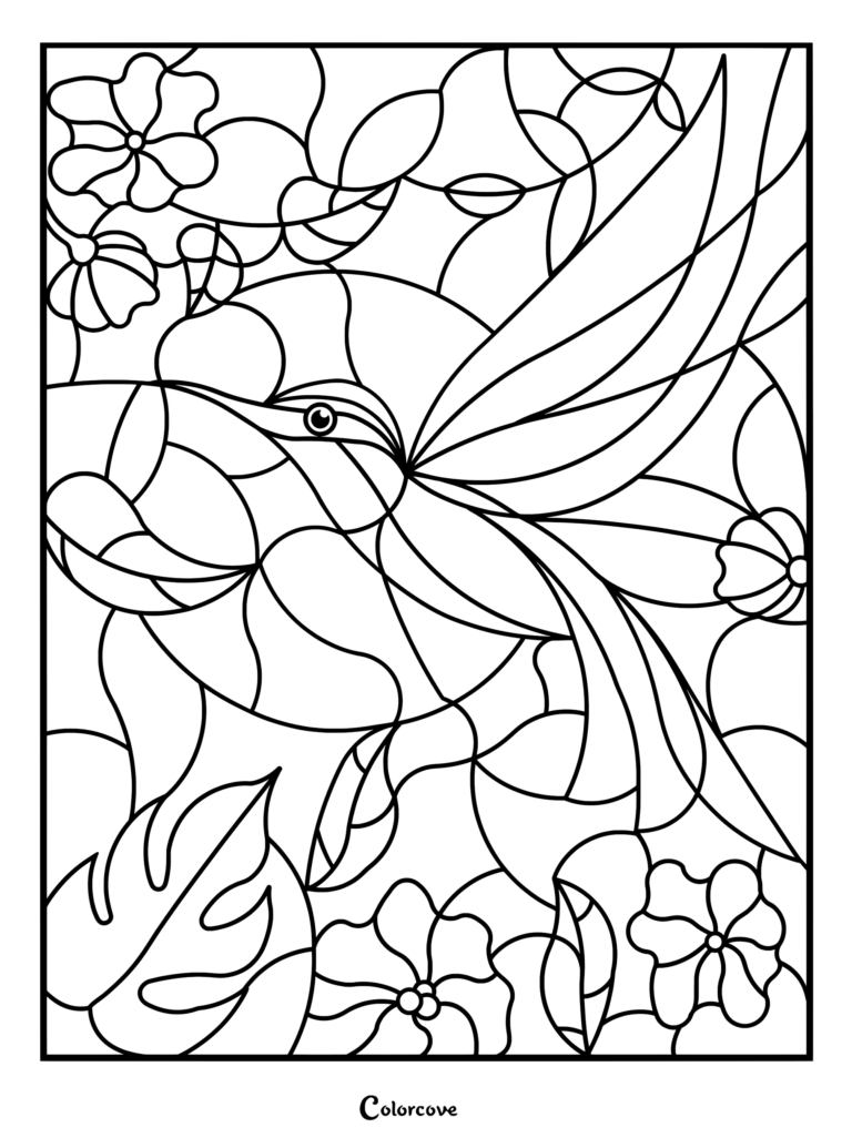 A stained glass style hummingbird coloring page featuring bold outlines of a bird hovering among tropical flowers and leaves.