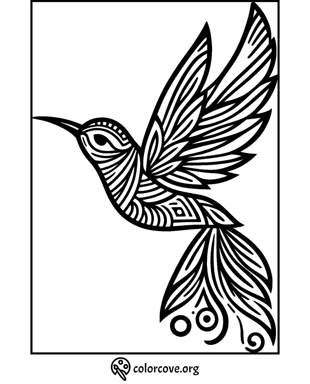 Intricate hummingbird coloring page with detailed patterns for stress-relief and creativity enhancement.