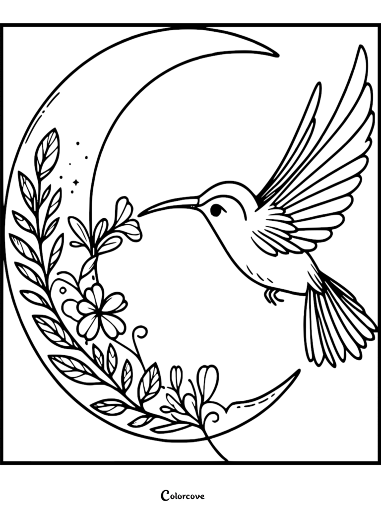 A hummingbird flying near a crescent moon decorated with leaves and flowers in this printable coloring page.