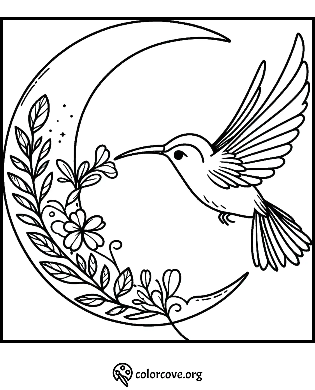 Hummingbird and floral crescent moon coloring page for adults. Tranquil nature design with flowers and leaves.