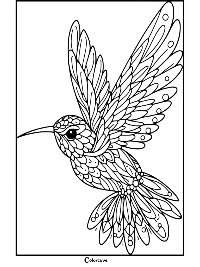 Intricate hummingbird coloring page featuring detailed feather patterns and wings spread wide in flight.