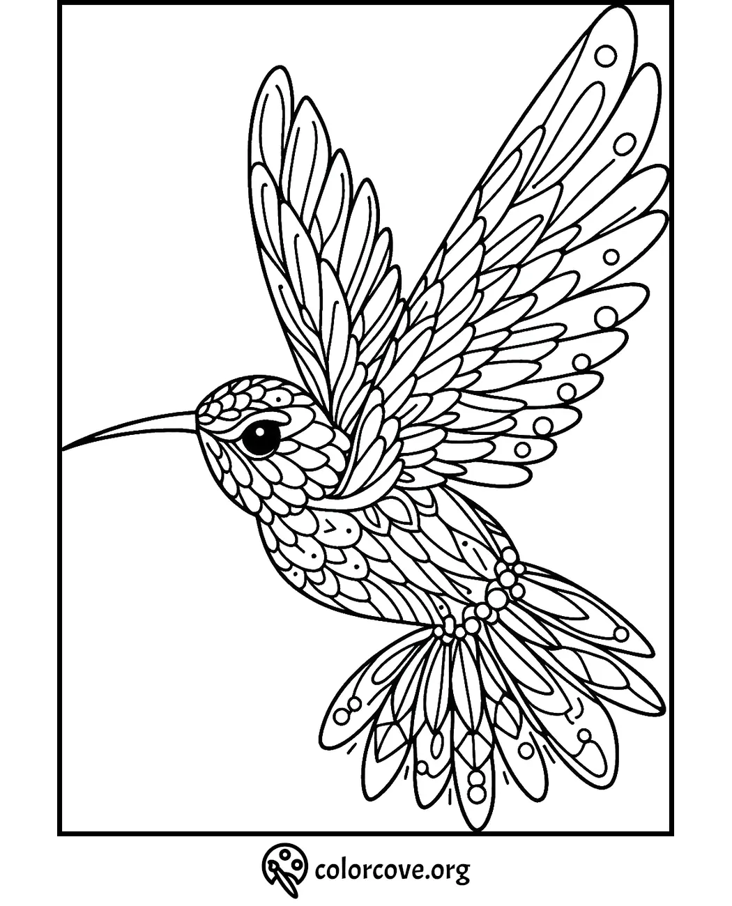 Coloring page featuring a detailed hummingbird design with intricate patterns for relaxation and creativity.