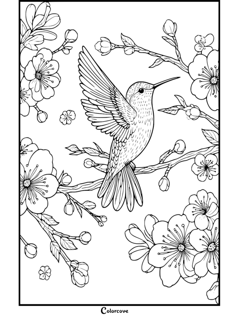 A detailed hummingbird coloring page featuring a bird perched on a flowering branch with cherry blossoms.