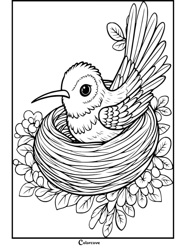 A cute hummingbird sitting in a woven nest surrounded by flowers in this free printable coloring page.