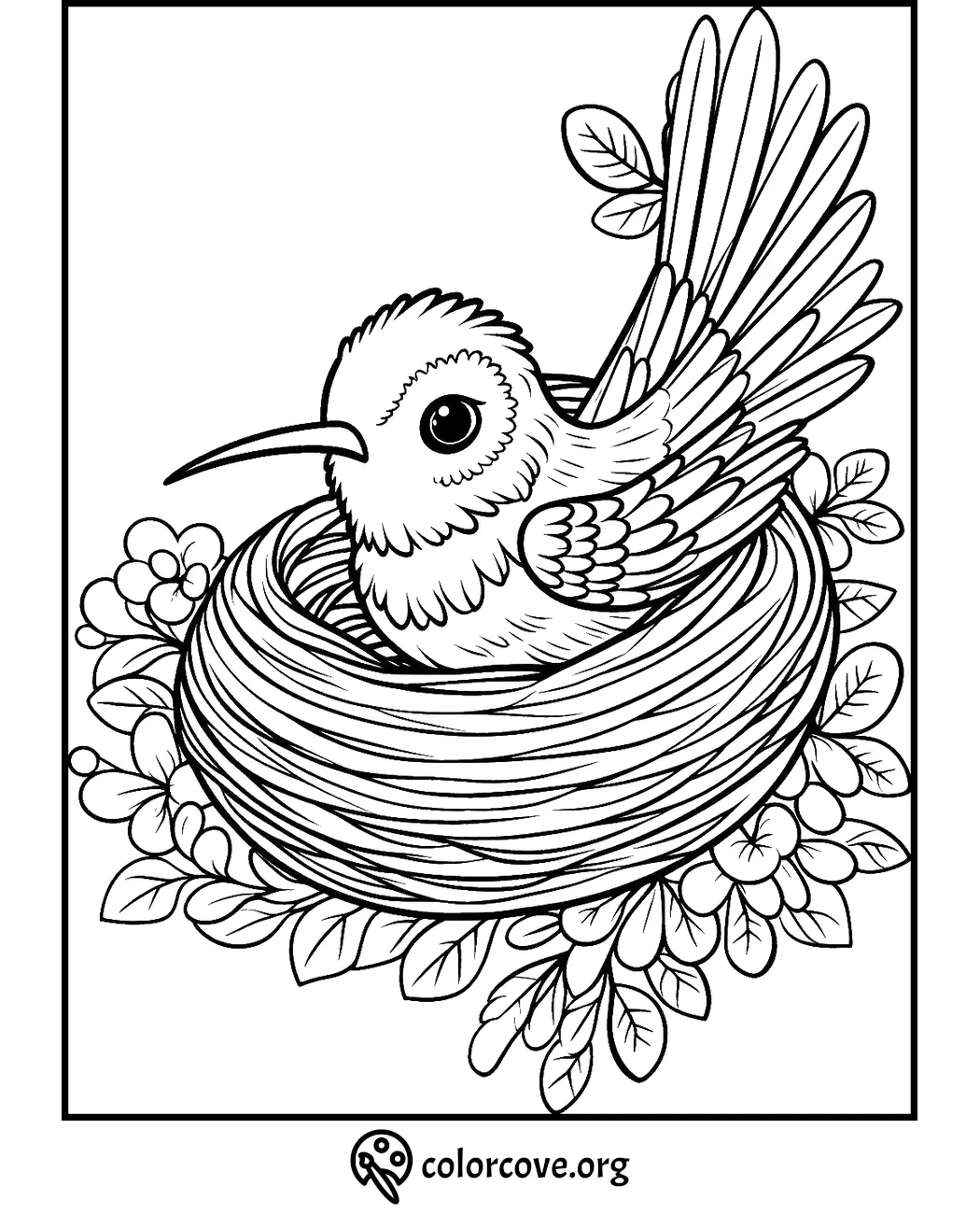 Coloring page of a cute bird in a nest surrounded by leaves and flowers, perfect for kids and adults.