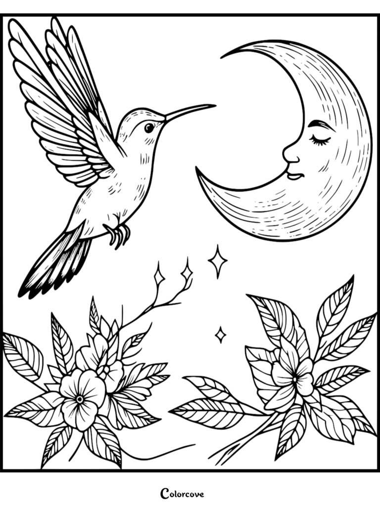 Hummingbird coloring page featuring a bird flying near a crescent moon with flowers and stars.