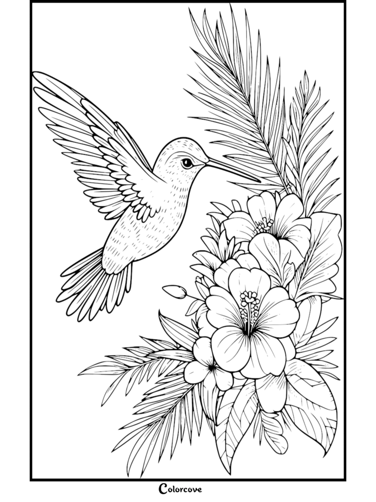 Hummingbird hovering near tropical hibiscus flowers and palm leaves coloring page
