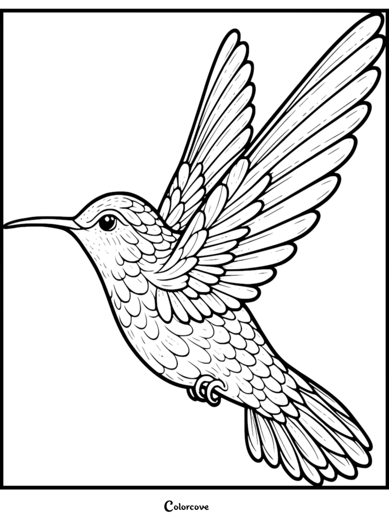 Hummingbird coloring page 22 featuring a detailed line art illustration of a hummingbird in flight with spread wings.